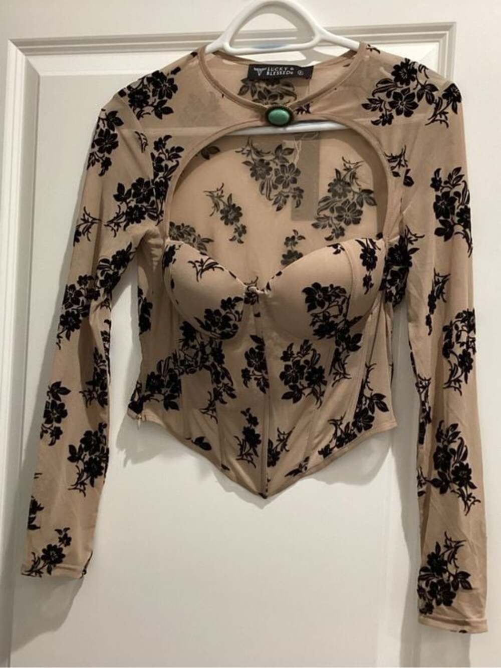 Lucky & Blessed Nude Mesh Corset Top with Black Floral Appliqué - NWT - Size S - Picture 2 of 6
